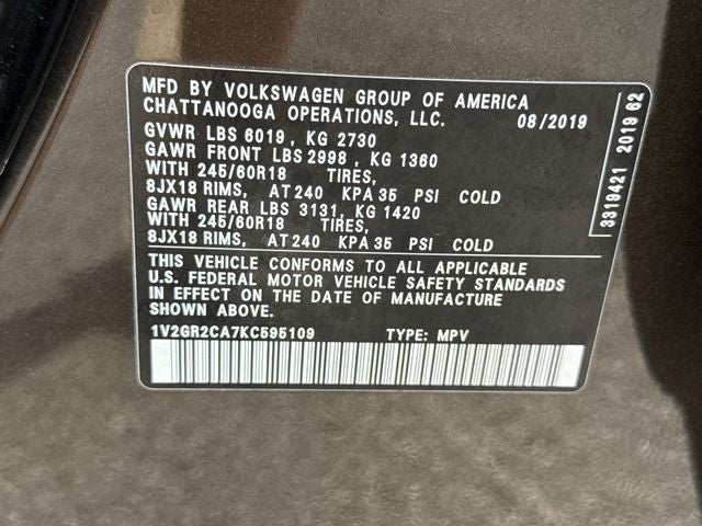 2019 Volkswagen Atlas 3.6L V6 S 4MOTION