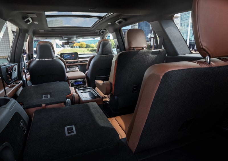 The interior of the 2025 Lincoln Aviator® SUV is shown with two seats folded down for added space. | Dave Sinclair Lincoln St. Peters in Saint Peters MO