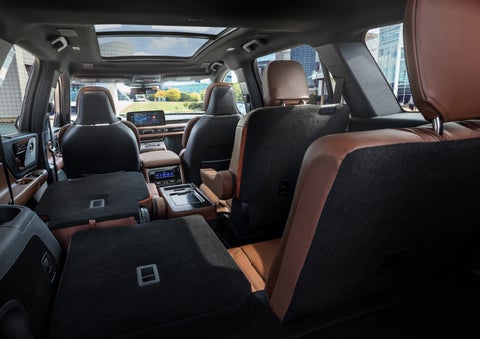 The interior of the 2025 Lincoln Aviator® SUV is shown with two seats folded down for added space. | Dave Sinclair Lincoln St. Peters in Saint Peters MO