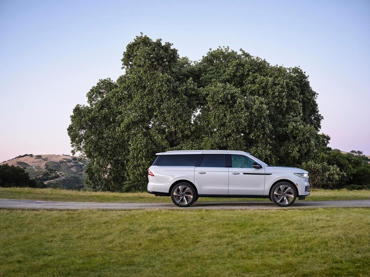 White Lincoln Navigator Black Label parked on a road beside a large oak tree